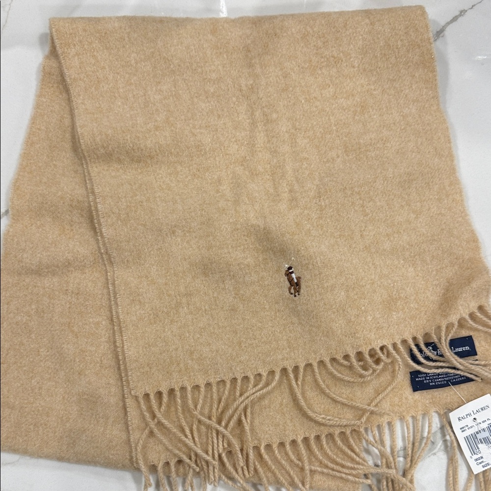 Ralph Lauren Camel/Tan Wool Fringe Scarf with Polo Pony Embroidery